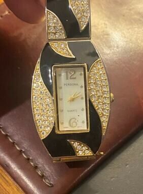 Women's 28mm Persona Dress Watch, Black Enamel and Crystal Accented